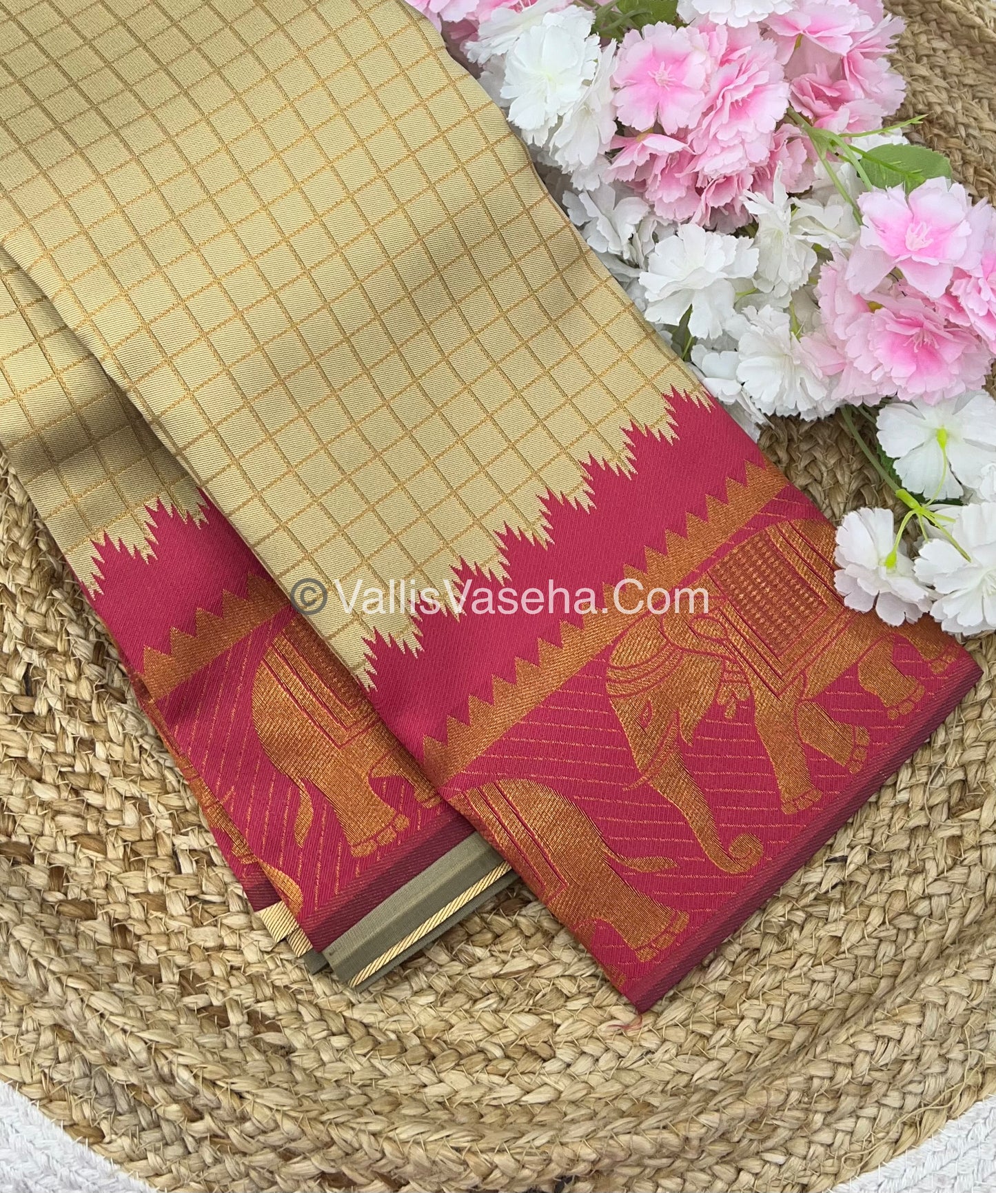 Kanchi Semi Silk - Elephant Border& design - Cream  with Peachish Pink - VVSSS005