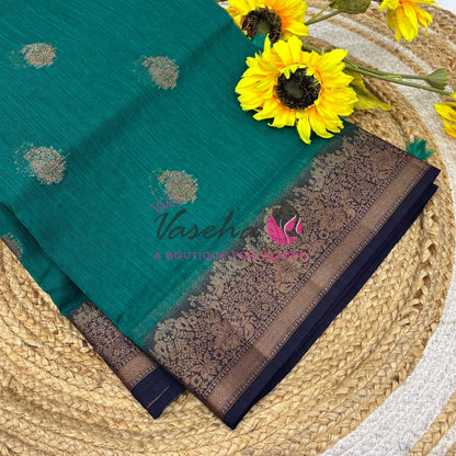 Bamboo Silk Saree- Green with Blue Shade - VVBSS014