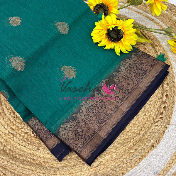 Bamboo Silk Saree- Green with Blue Shade - VVBSS014