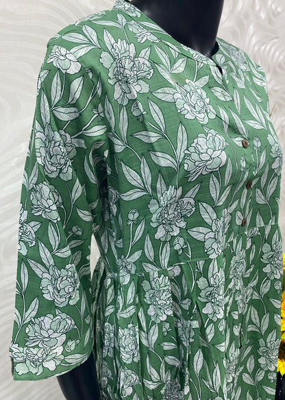 Umbrella Slub Cotton Printed Kurti - Green Shade - VV107890