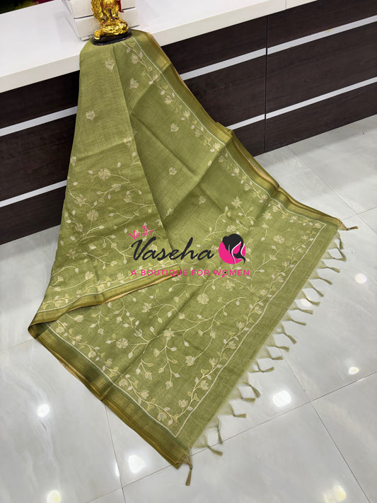 Linen Tissue Saree - Green Shade - VVLTS003