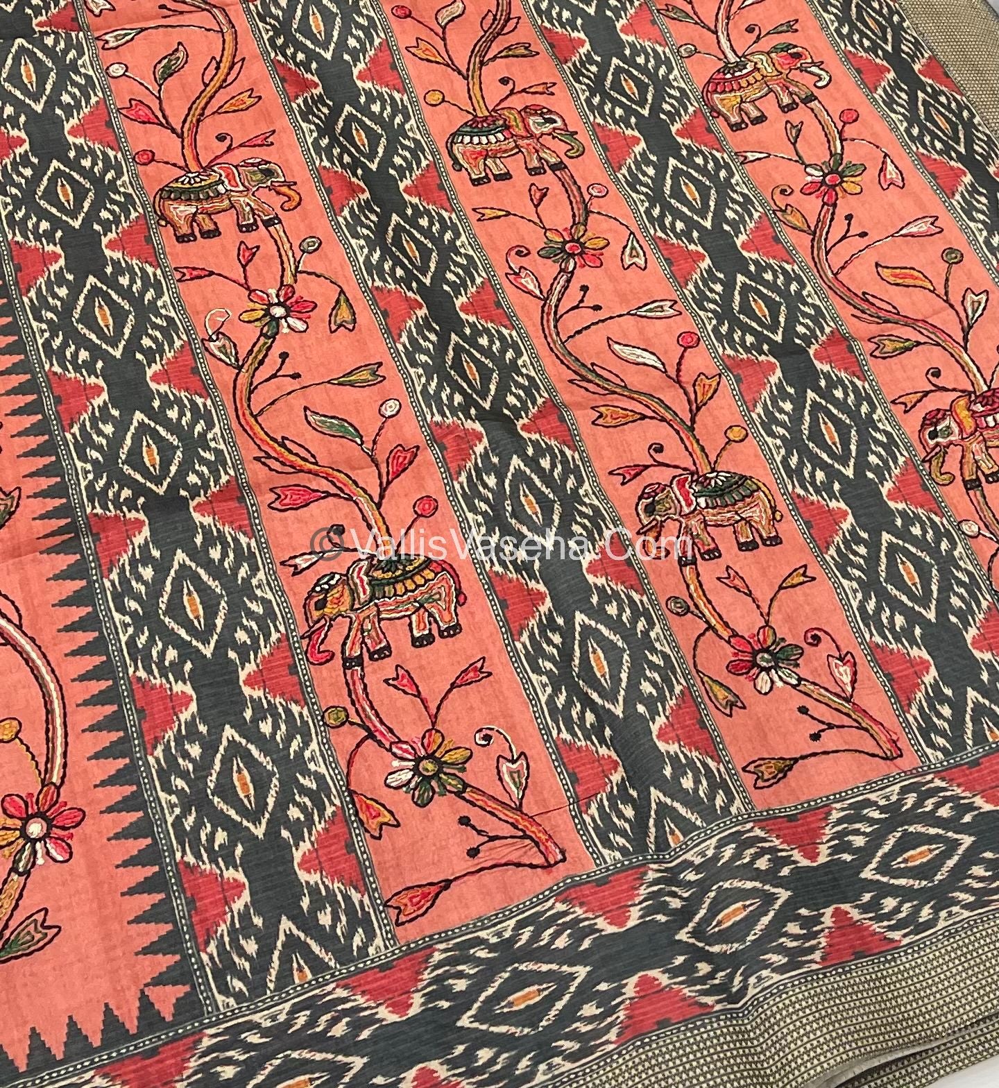 Semi Tussar - Kantha Work Embroidery - Orangish Peach Shade - VVSTK001