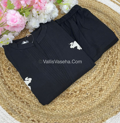 Trendy Pure Cotton - Co-ord Set - A line - Elephant Embroidery- Black Shade - VVRCS002
