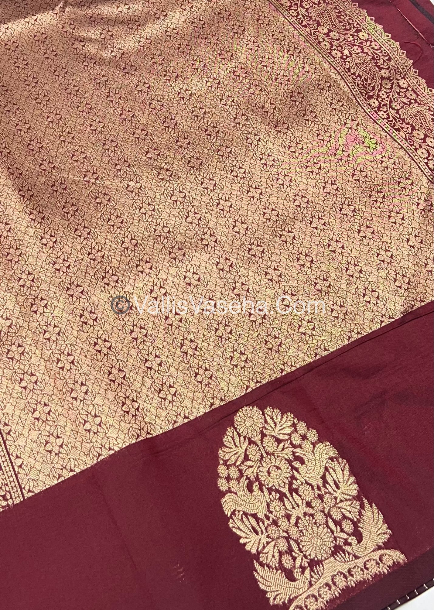 Semi Soft Silk - Tree With Double Birds Butta Border - Maroon Shade -VVSSS011