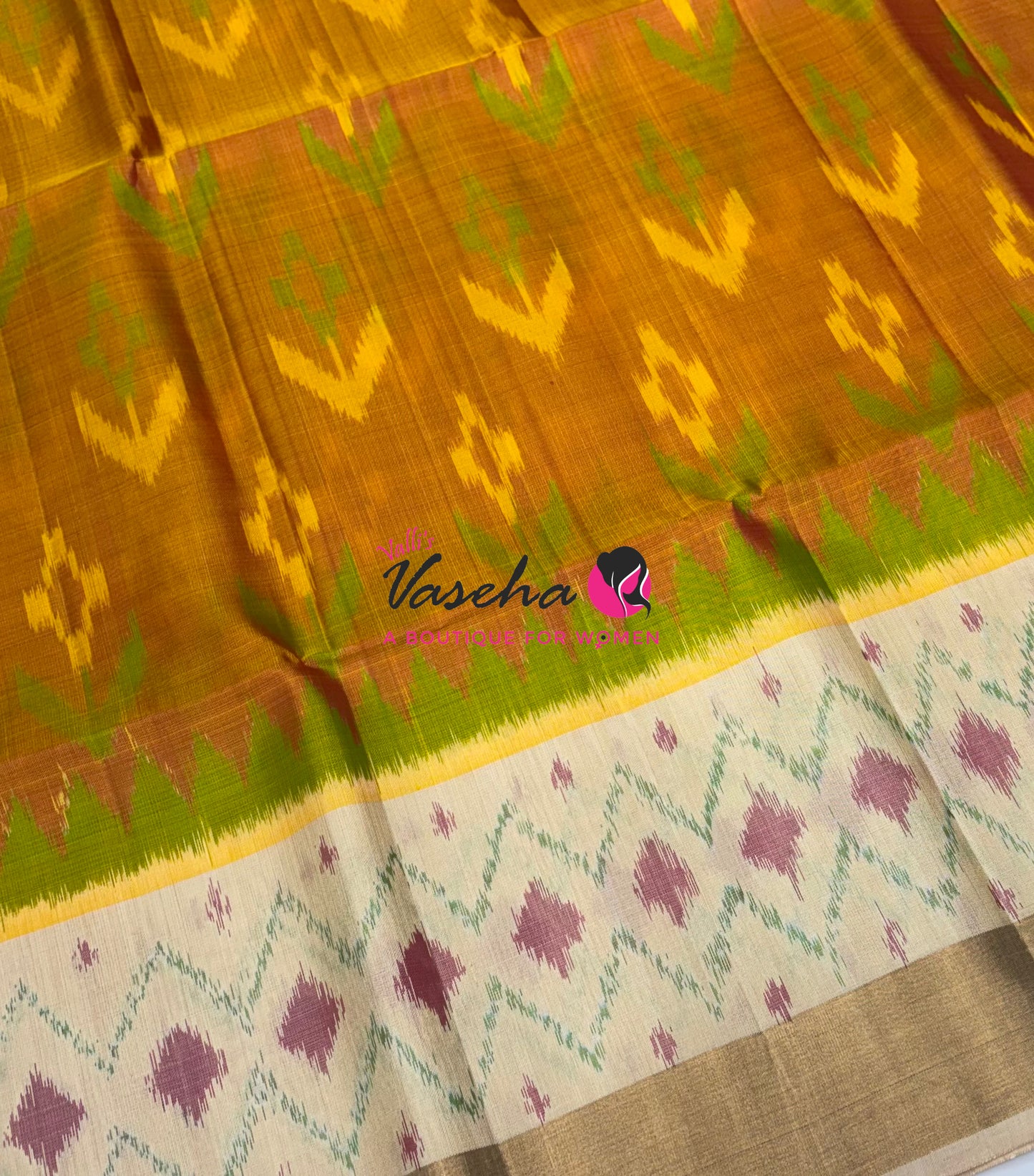 Pure Soft Silk Saree  - Pochampally Weaving - Mustard Yellow & Cream Combo - VVPSS110