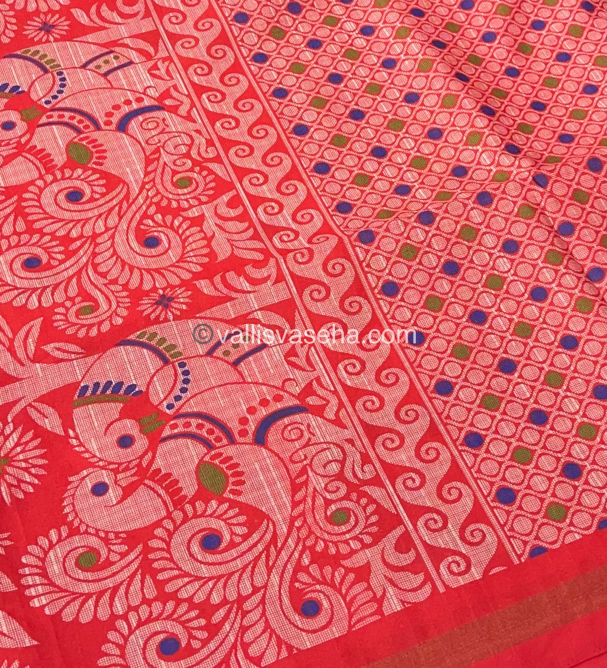 Semi Tussar / Semi Chappa Silk |Peacock Design | - Cream & Peachish Red Combo - VVSTS018