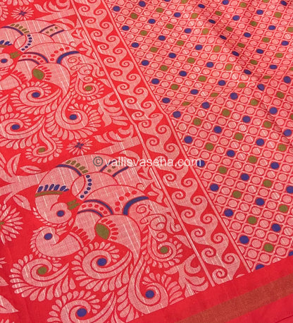 Semi Tussar / Semi Chappa Silk |Peacock Design | - Cream & Peachish Red Combo - VVSTS018