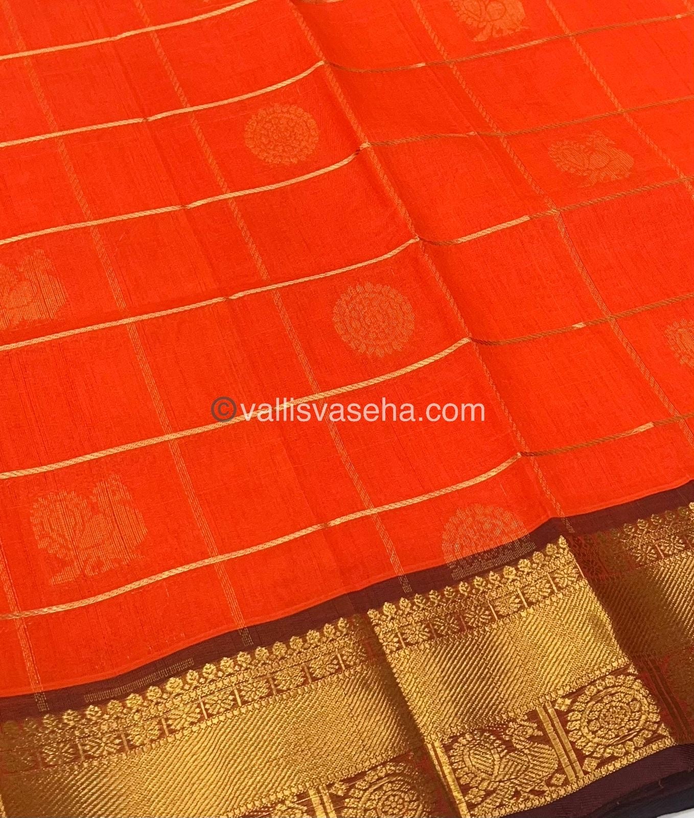 Pure Silk Cotton Saree - Mayil & Chakkaram Design - Orange  With Brownish Merun - VVMC001
