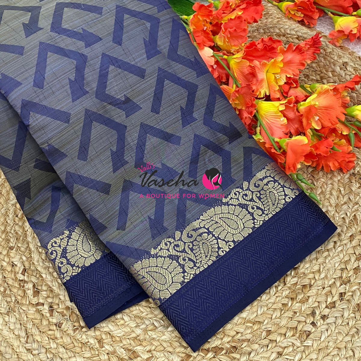 Semi Tussar Silk Saree | Navy Blue Shade |VVSTS059