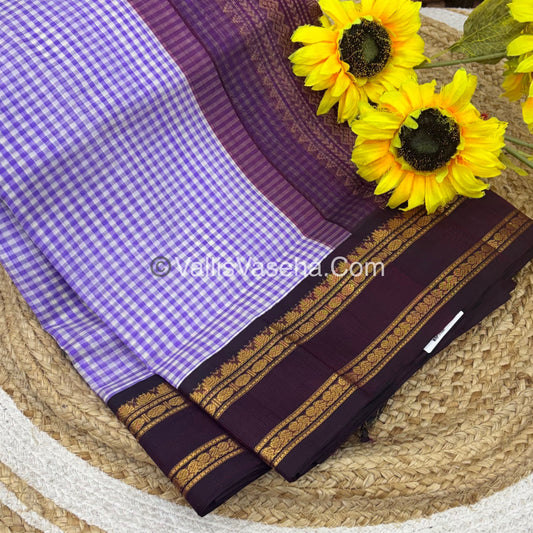 Pure Korvai Silk Cotton - Podi Kattam - Retta Petta Border - Purplish wine & White with Wine - VVKSC003