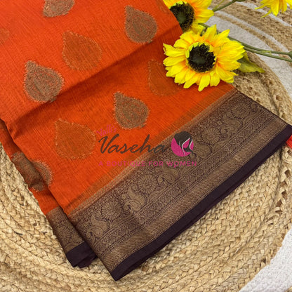 Bamboo Silk Saree- Orange with Brown Shade - VVBSS013