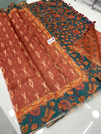 Chanderi Mixed Cotton Saree - Ikkat & kalamkari design  - VVCC002