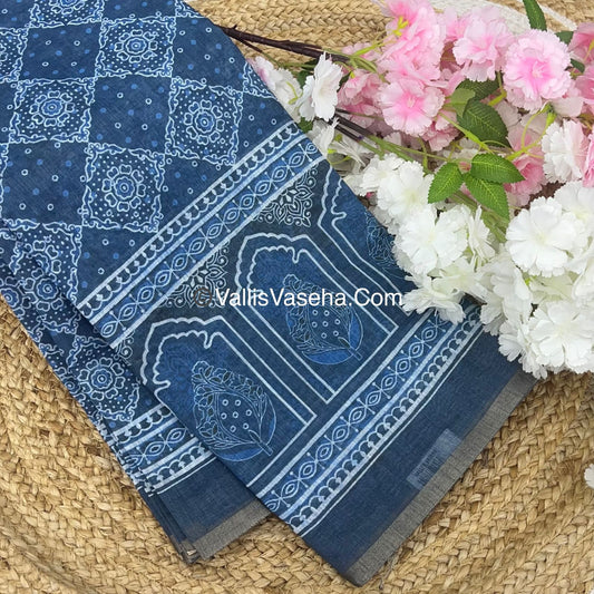 Linen Mixed Cotton Saree - Indigo Blue - Printed - VVLMP001