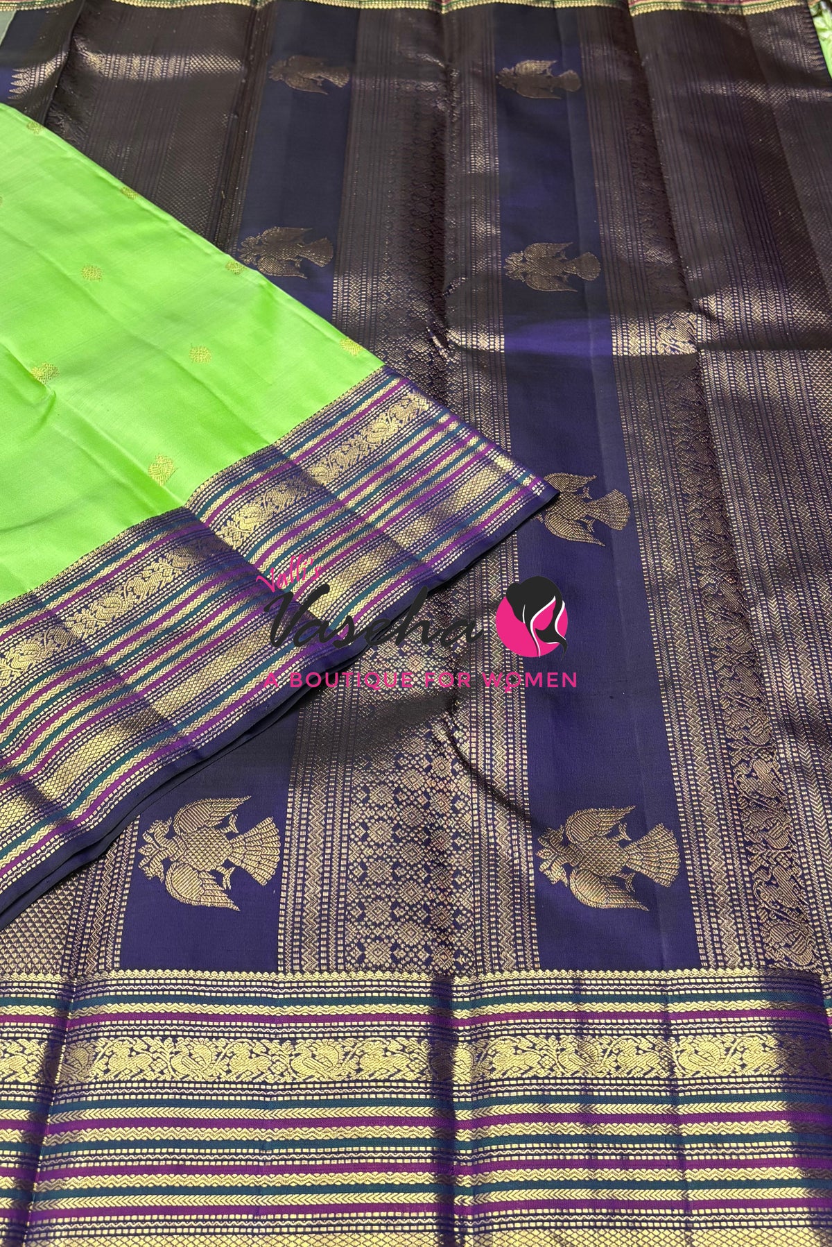 Pure Vintage Korvai Kanchipuram Silk Saree - Green With Blue - VVPS102