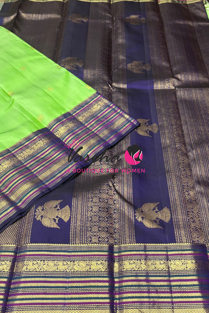 Pure Vintage Korvai Kanchipuram Silk Saree - Green With Blue - VVPS102