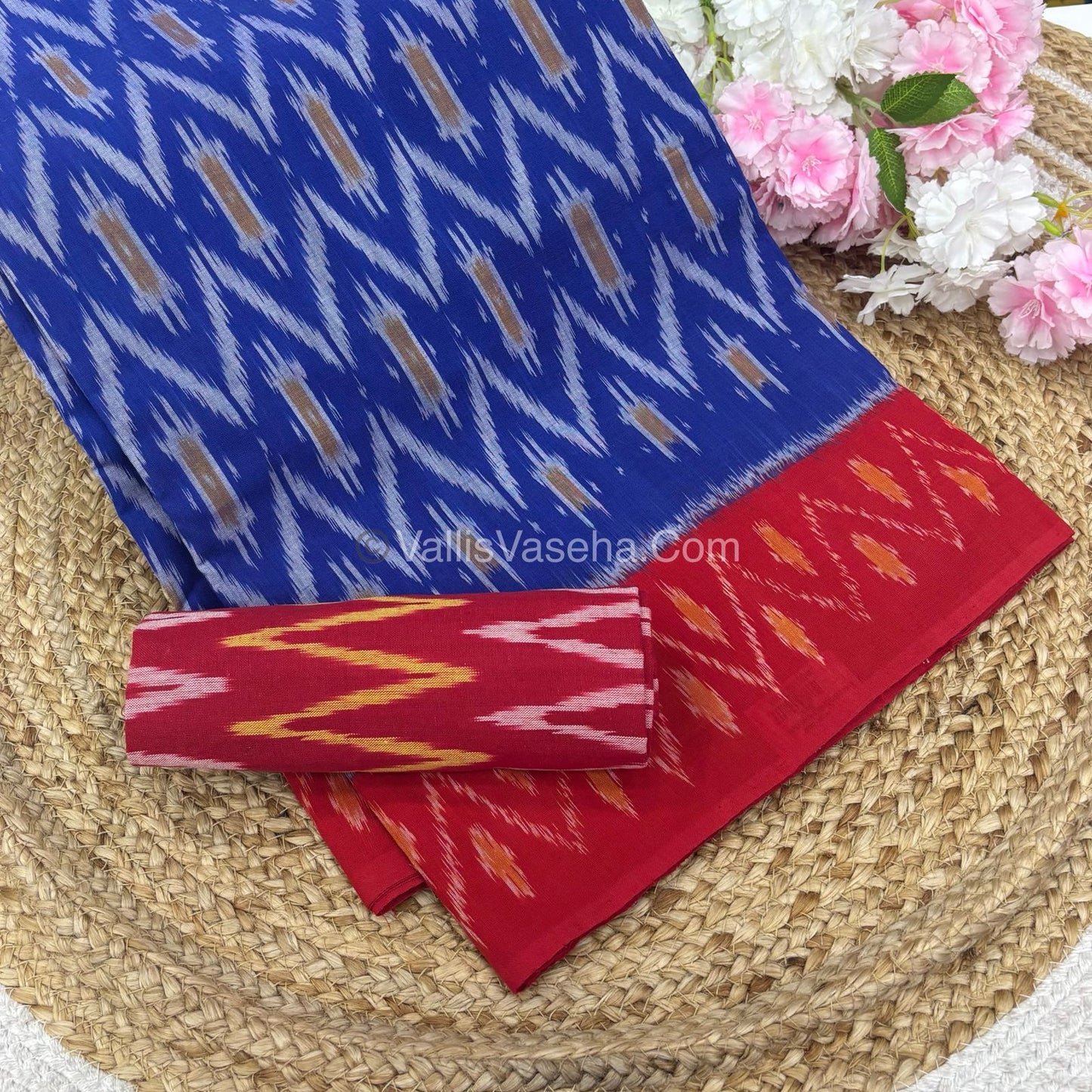 Double Ikkat Pure Cotton Saree - Blue With Red - VVIKS002
