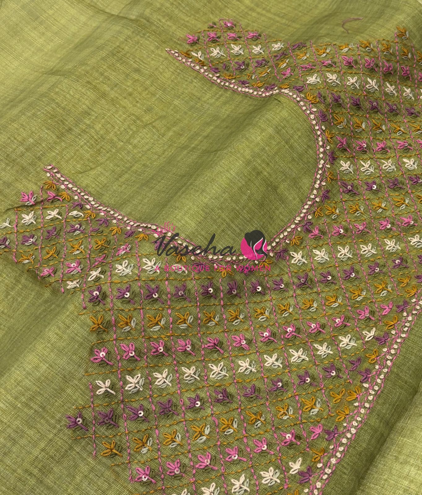 French Knot - Linen Tissue Saree - Green Shade - Heavy Work Blouse - VVLFN016