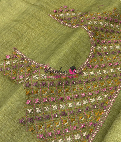 French Knot - Linen Tissue Saree - Green Shade - Heavy Work Blouse - VVLFN016