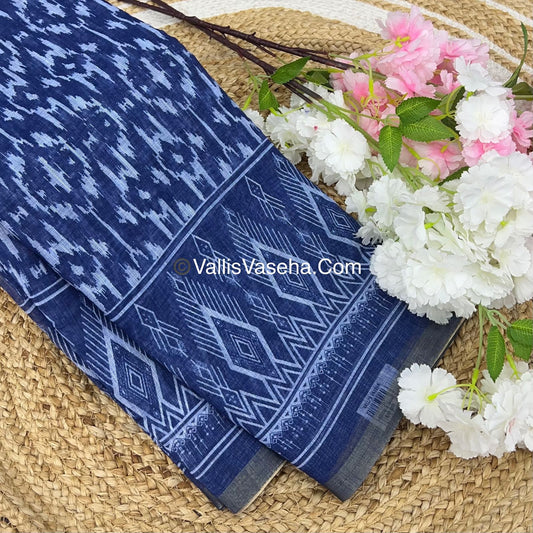 Linen Mixed Cotton Saree - Indigo Blue - Printed - VVLMP001