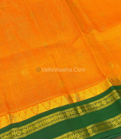 Pure Korvai Silk Cotton - Yellow with Green - Vairavoosi Pattern - VVKSC023