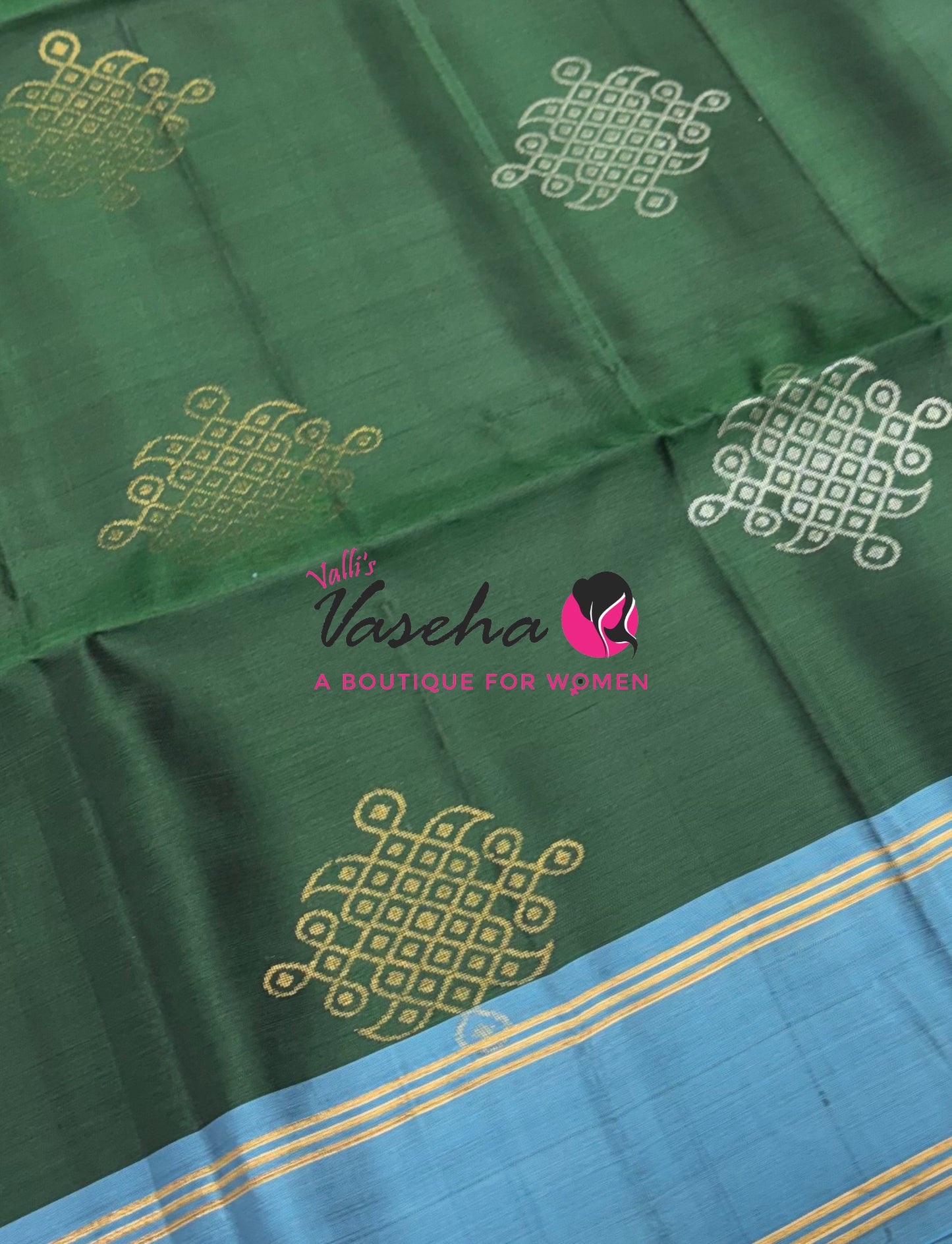 Pure Soft Silk Saree - (1.75 Warp) Kolam Design - Shade Of Brown & Green With Blue - VVPSS074