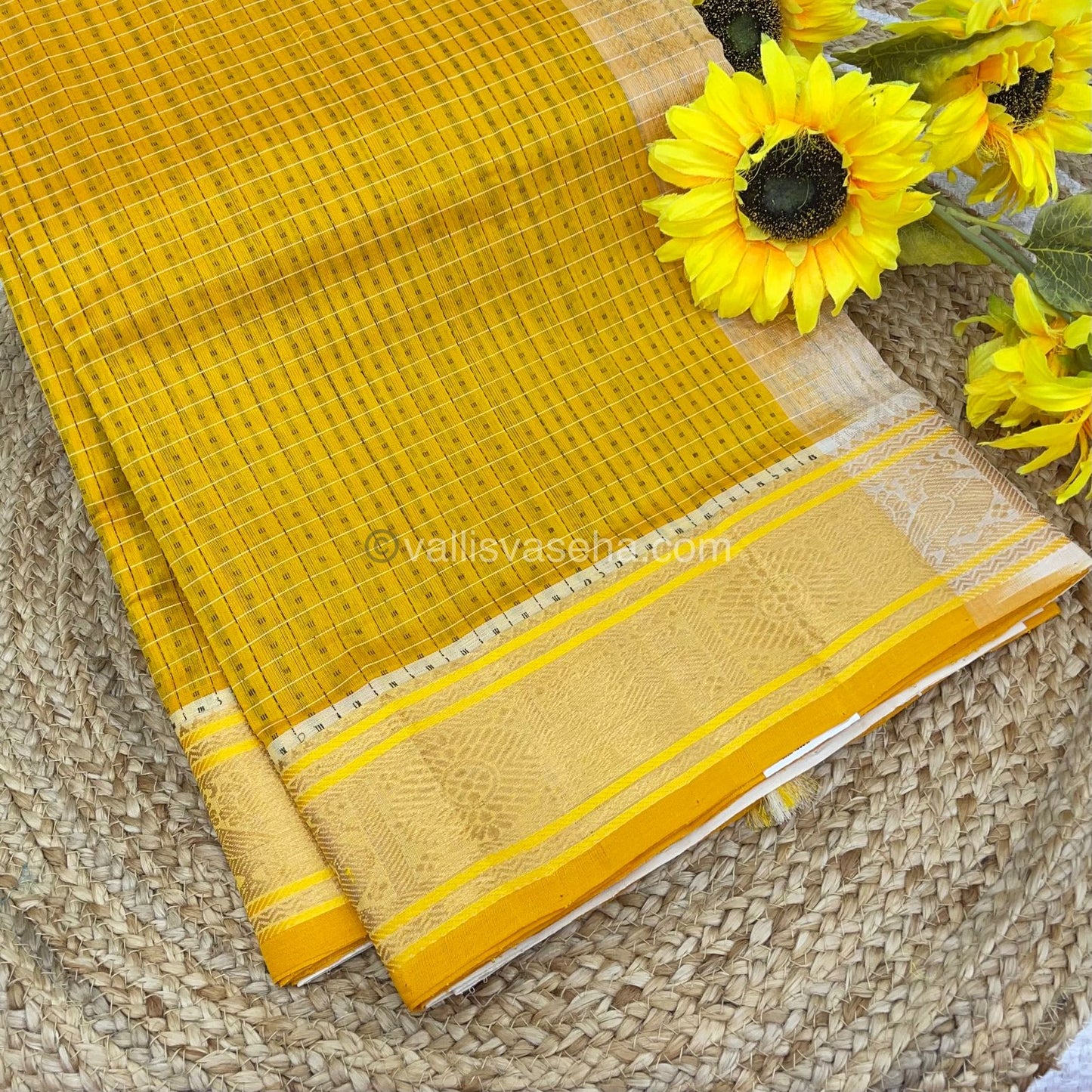Pure Silk Cotton Saree - Yellow With Cream - Lakshadeepam Design - VVPLD001