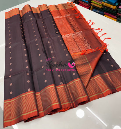 Half Mixed  Soft Silk Saree - (1.75 warp)Brown & Rust Orange - VVPSS090