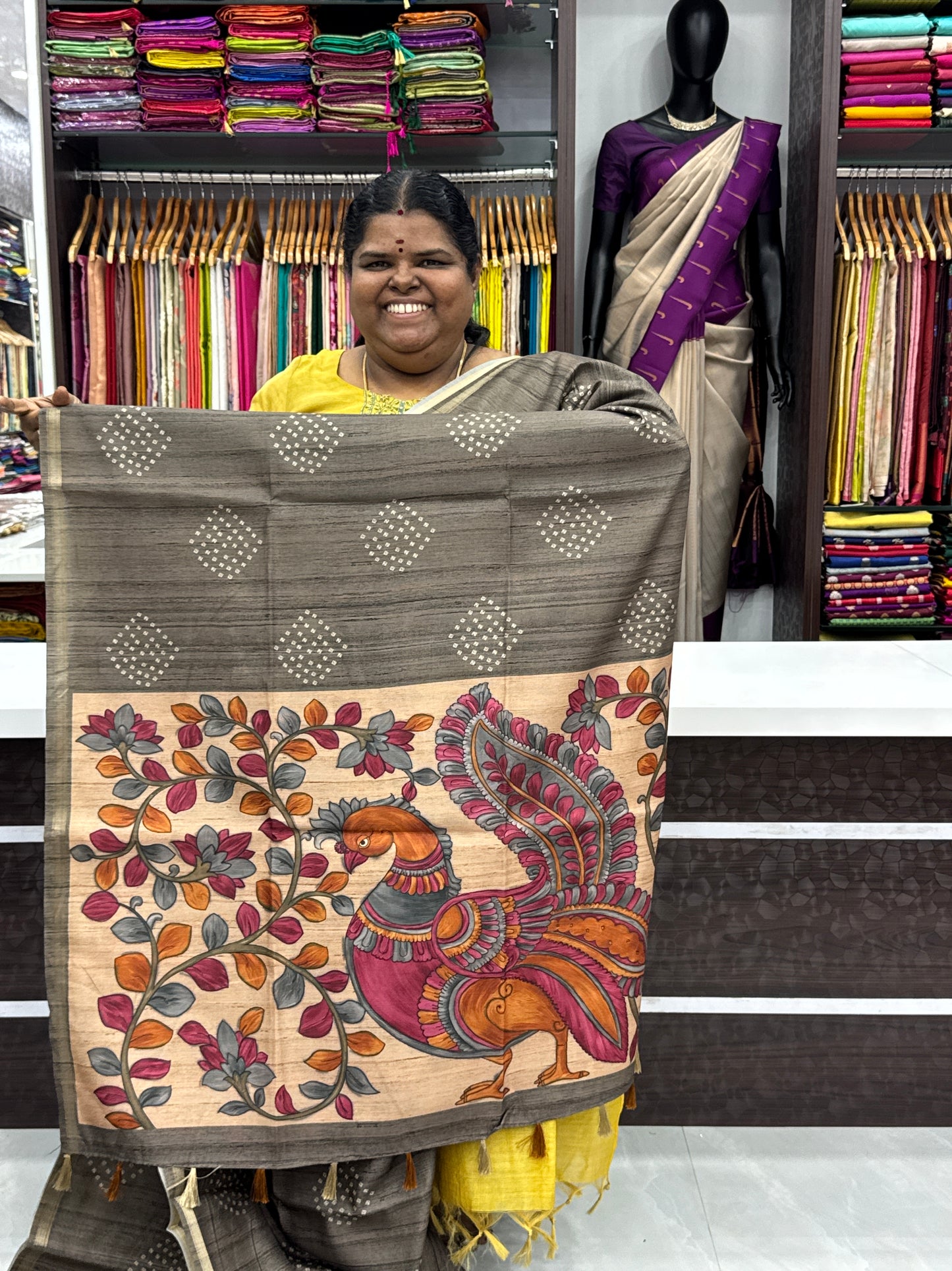 Semi Matka Tussar Silk Saree - Bandhini pattern - Grey Shade - VVSMT001