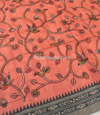 Semi Tussar - Kantha Work Embroidery - Orangish Peach Shade - VVSTK001