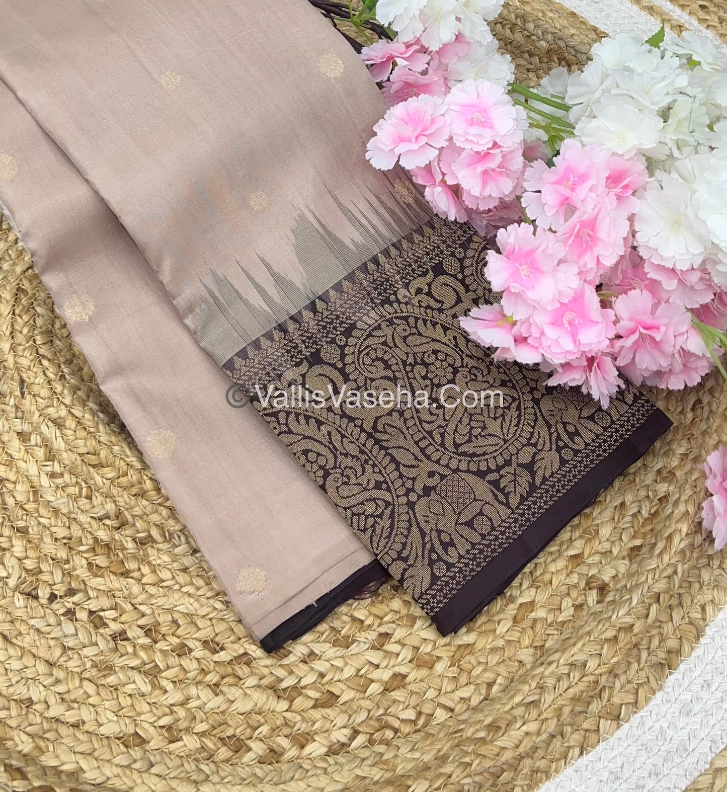 Pure Soft Silk Saree - One Side Border - Ivory & Coffee Brown Combo - VVPSS045