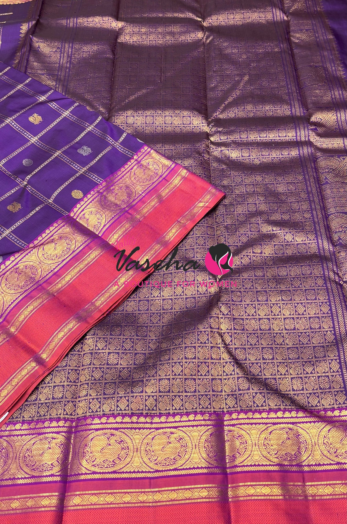 Pure Bridal Kanchipuram Silk Saree - Purple & Peach Combo - VVPS074
