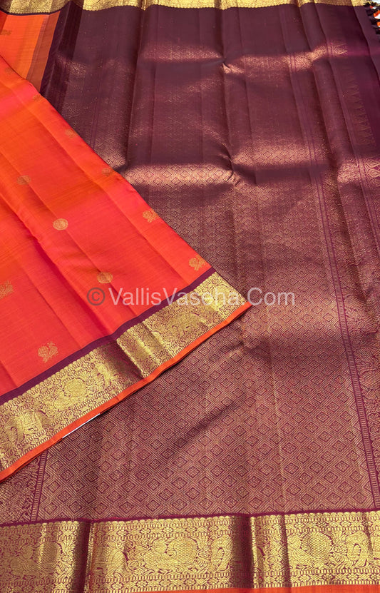 Pure Kanchipuram Silk Saree - Orange & Maroon Combo - VVPS025