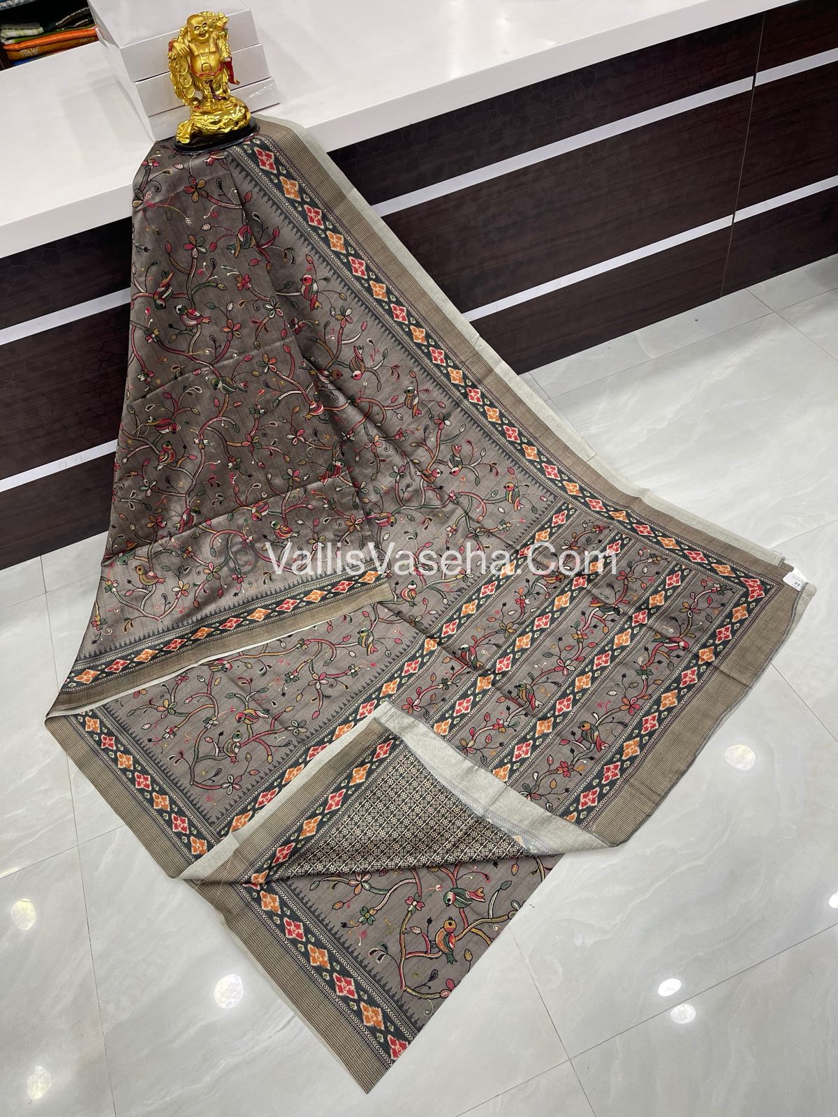 Semi Tussar - Kantha Work Embroidery - Grey Shade - VVSTK001