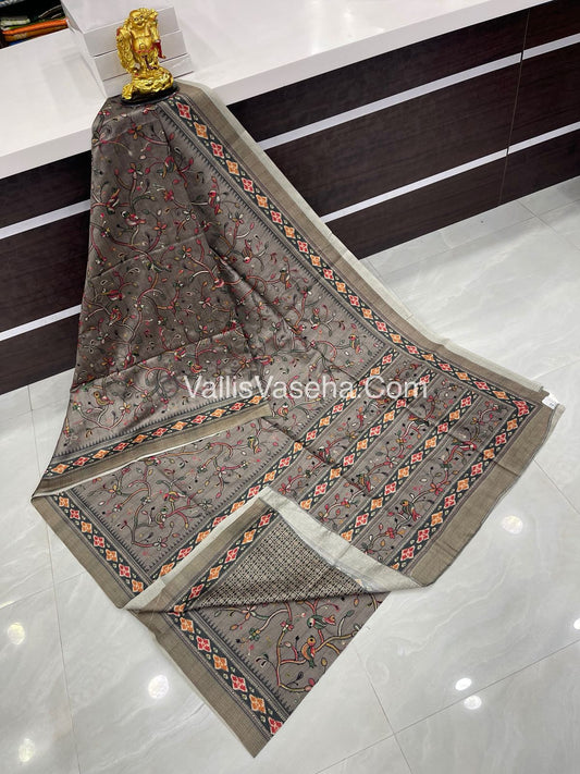 Semi Tussar - Kantha Work Embroidery - Grey Shade - VVSTK001