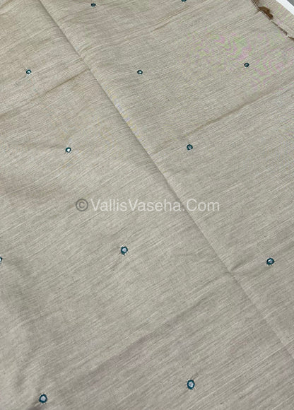 South Mixed Cotton - Mirror Work Embroidery - Creamish Grey With Green  - VVPCM002