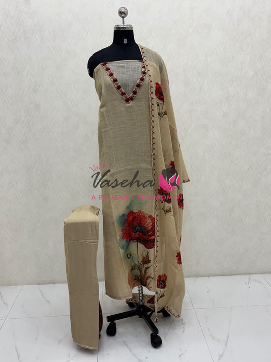 Unstitched Linen Cotton Material |  Cream Shade | VVUSM071