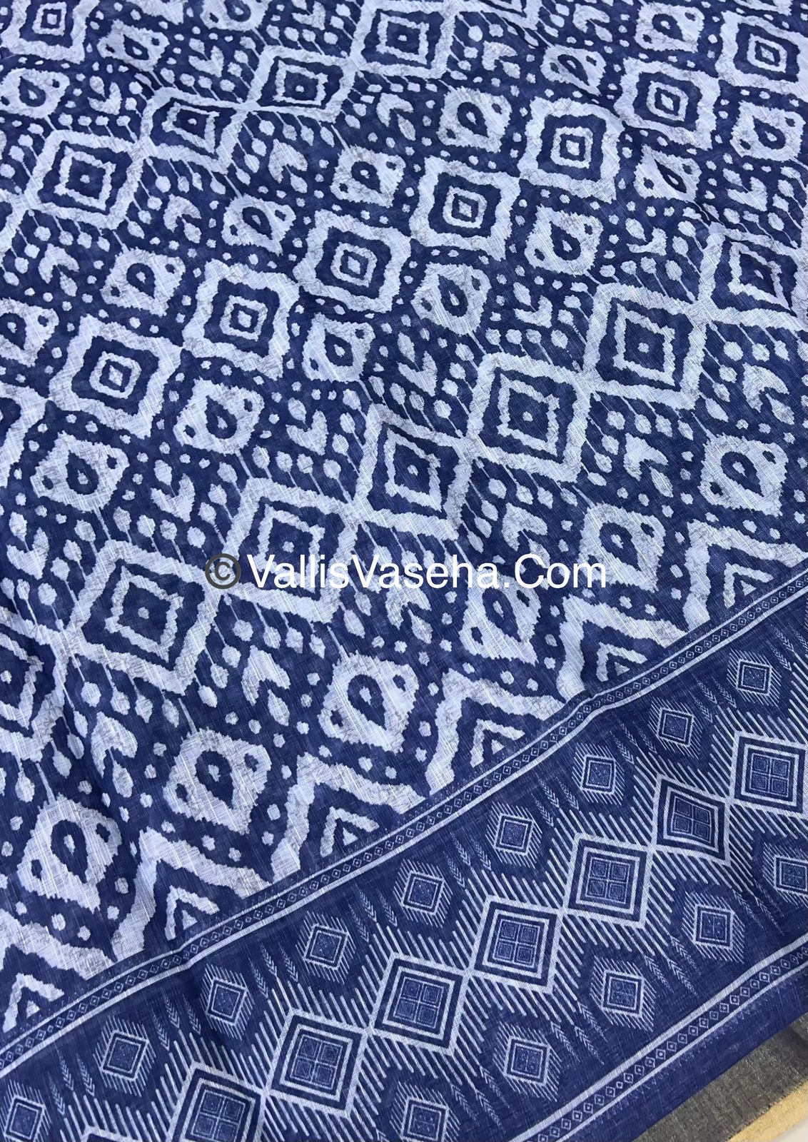 Linen Mixed Cotton Saree - Indigo Blue - Printed - VVLMP001