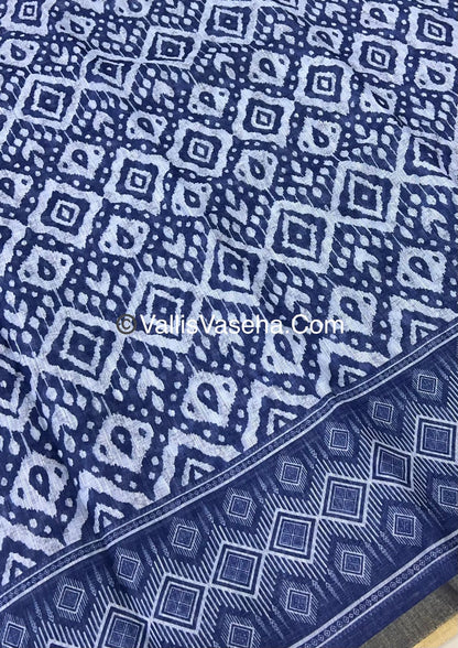 Linen Mixed Cotton Saree - Indigo Blue - Printed - VVLMP001