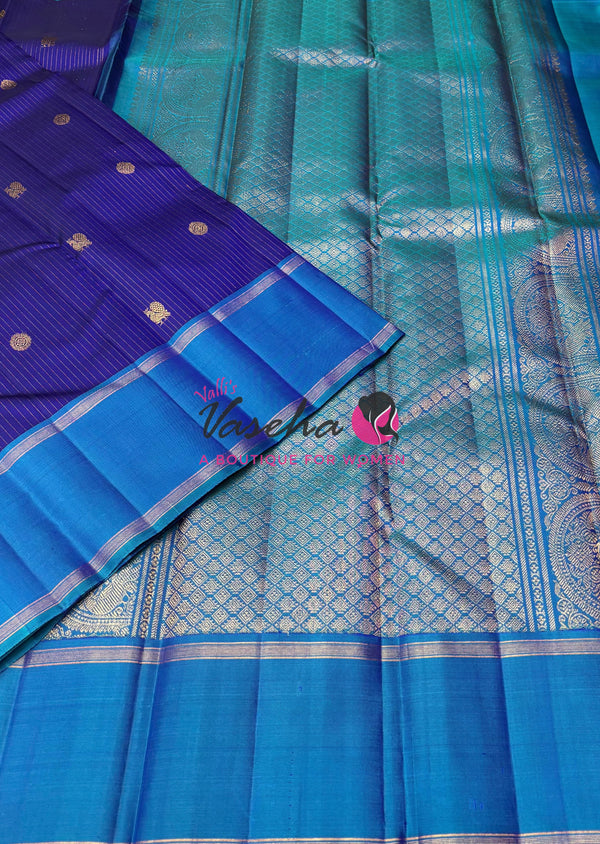 Pure Kanchipuram Silk Saree - Vairavoosi Design  - Blue & Blue Combo - VVPS014
