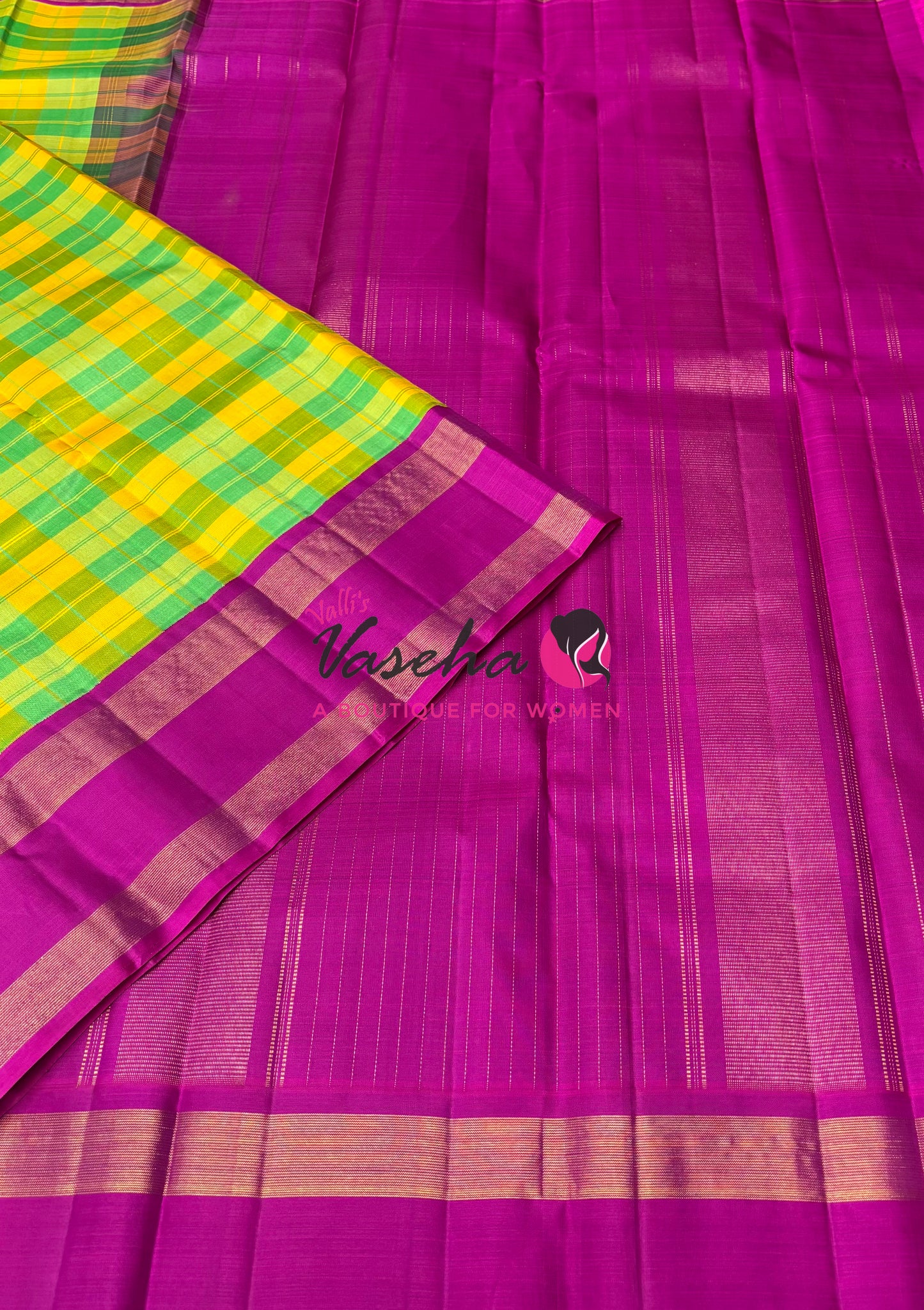 Pure Vintage Korvai Kanchipuram Silk Saree - Yellow/Green & Pink Combo - VVPS069
