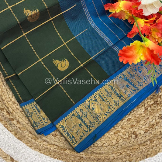 Semi Silk Cotton Saree - Dark Green  with Blue shade - VVSSC002