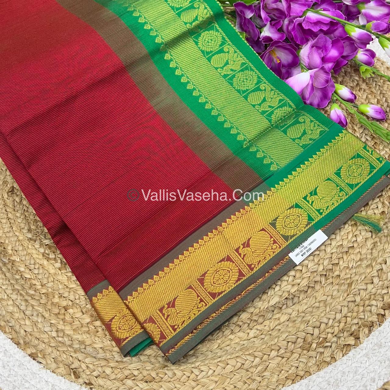 Semi Silk Cotton Saree - Radish Maroon With Green Shade - VVSSC008