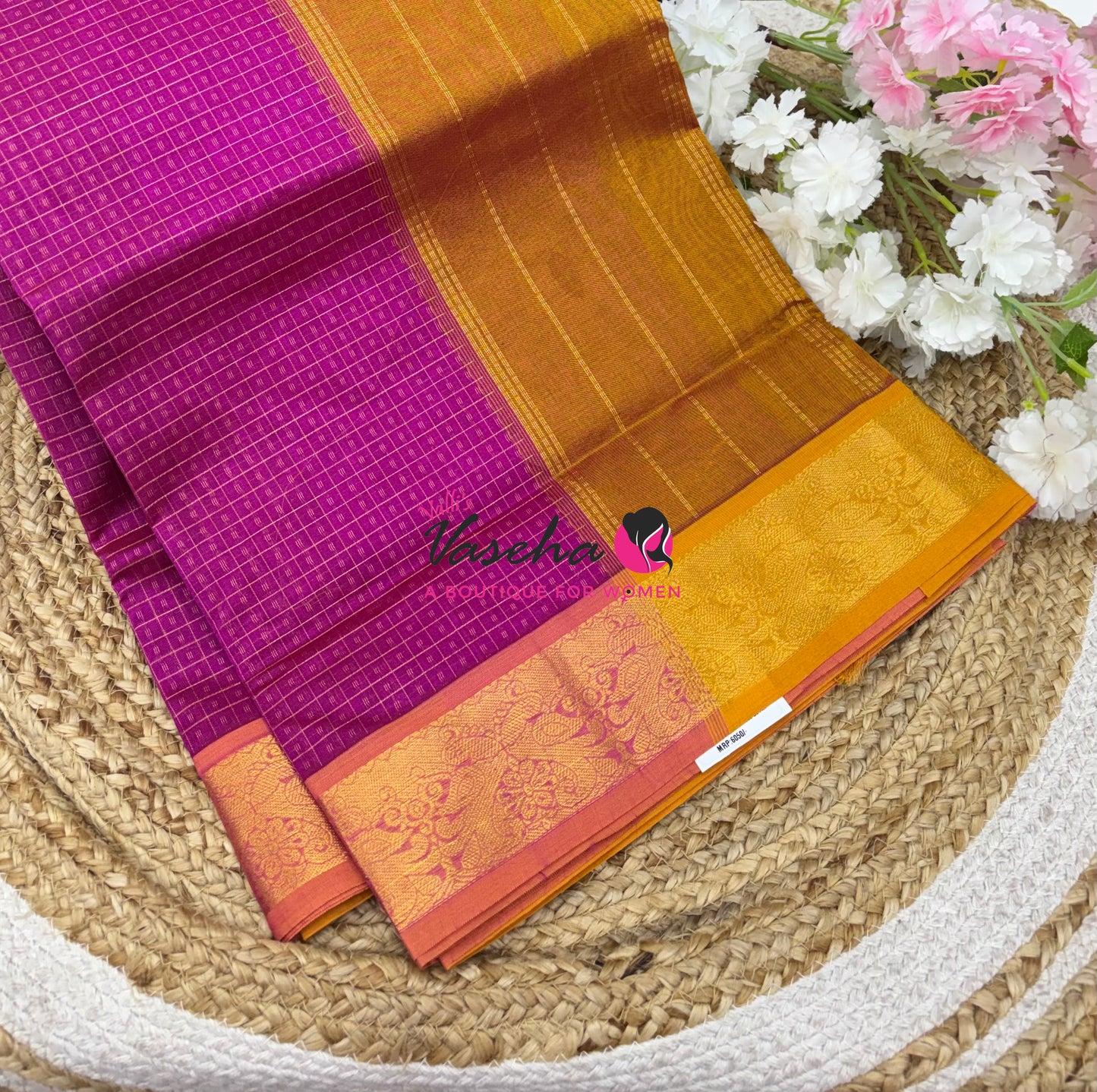 Pure Silk Cotton Saree - Pink With Mango Yellow - Lakshadeepam Design - VVPLD004