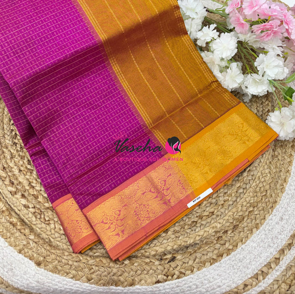 Pure Silk Cotton Saree - Pink With Mango Yellow - Lakshadeepam Design - VVPLD004