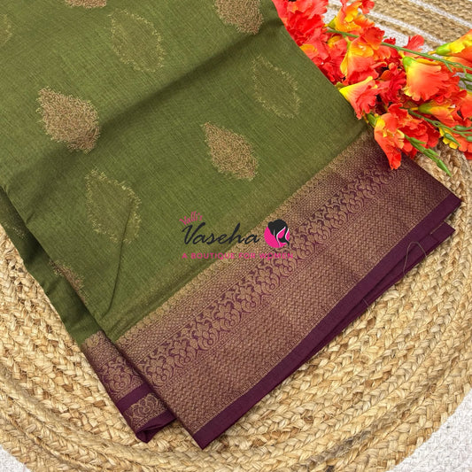 Bamboo Silk Saree -  Green with Pink Brown  - VVBSS018
