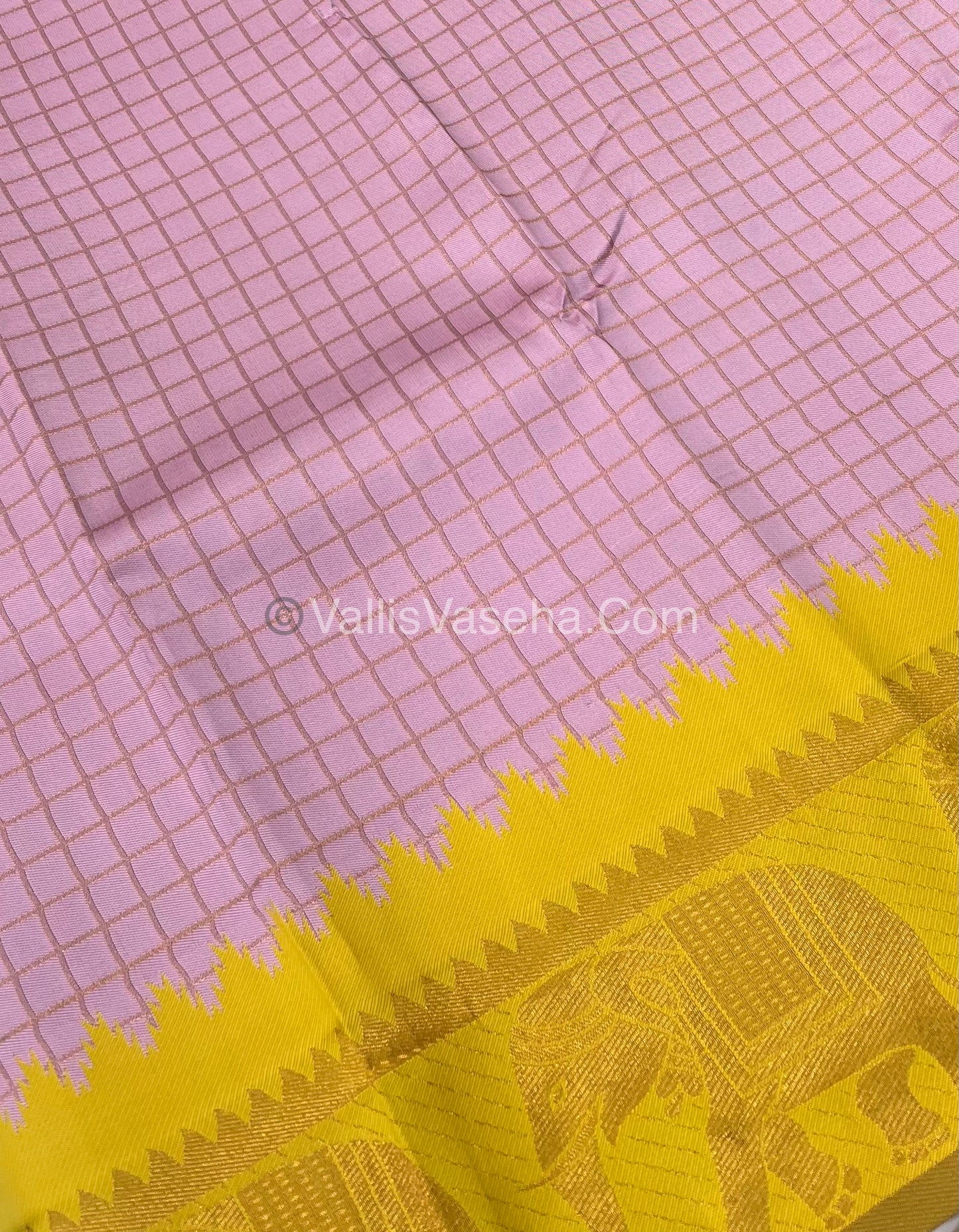 Semi Silk Saree - Kanchi Silk Style - Elephant Border - Pink with yellow - VVSSS005