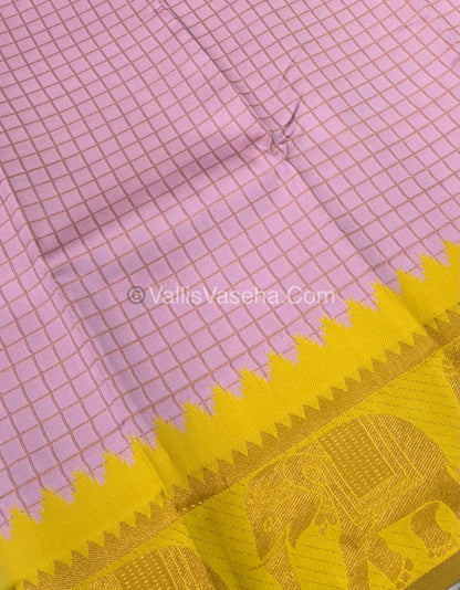 Semi Silk Saree - Kanchi Silk Style - Elephant Border - Pink with yellow - VVSSS005