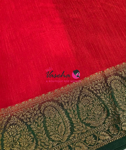 Semi Jute Silk Saree - Red With Green Shade- VVSJS001