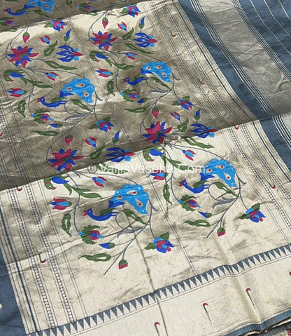 Semi Raw Silk - Paithani Design Weaving - Grey Shade - VVRS005