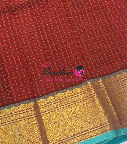 Pure Silk Cotton Saree - Red With Blue Shade - Lakshadeepam Design - VVPLD001